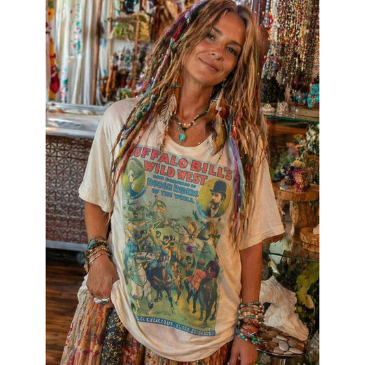 Custom  Cream Short Sleeve Tee with Buffalo Bill's Wild West Graphic