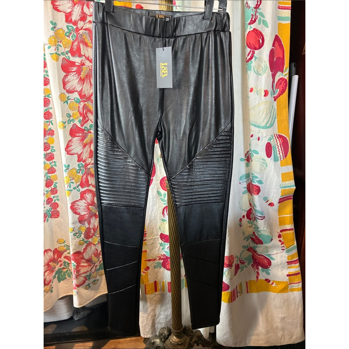 L&B Black Faux Leather Moto Leggings with Ribbed Panels