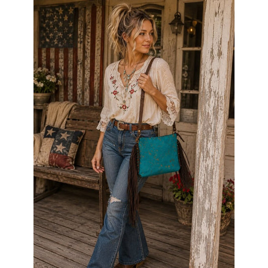 Turquoise Leather Fringe Crossbody American Concealed Carry Purse