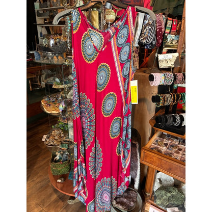 Bright Red Boho Maxi Dress with Medallion Print
