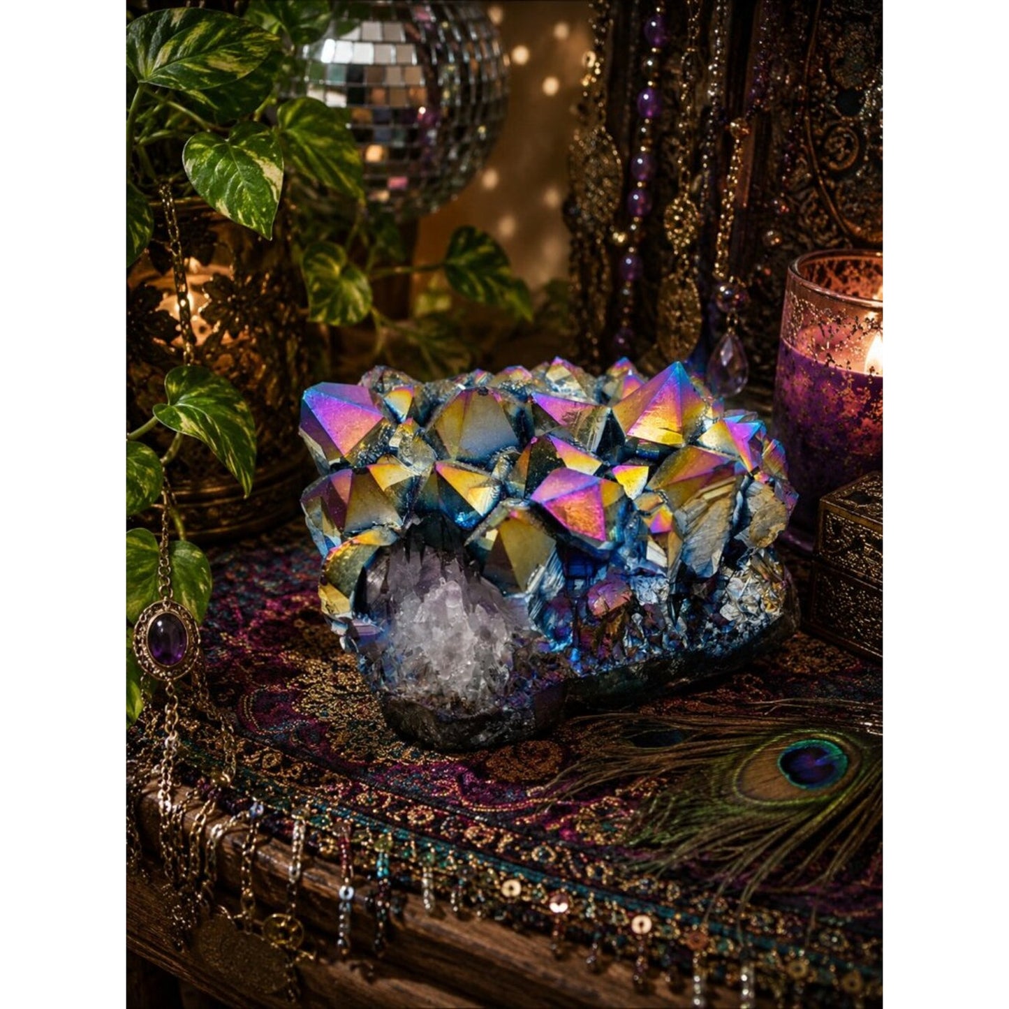 Iridescent Titanium Aura Quartz Crystal Cluster - Blue, Gold, Purple Rock