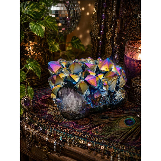 Iridescent Titanium Aura Quartz Crystal Cluster - Blue, Gold, Purple Rock