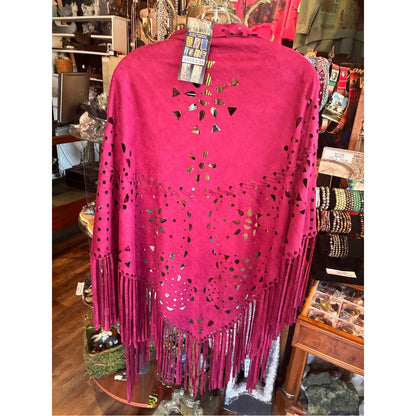 L&B Magenta Fringe Laser-Cut Poncho Sweater