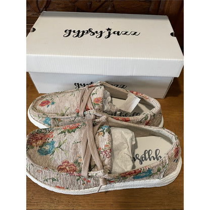 Gypsy Jazz Beige Floral Slip-On Moccasins with Blue & Red Accents