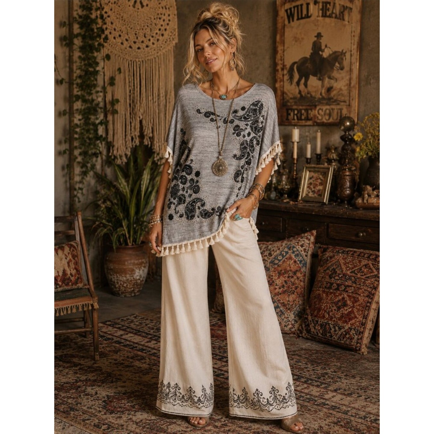 Vocal Gray Paisley Tassel-Hem Tunic with Cream Trim