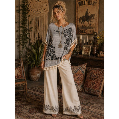 Vocal Gray Paisley Tassel-Hem Tunic with Cream Trim