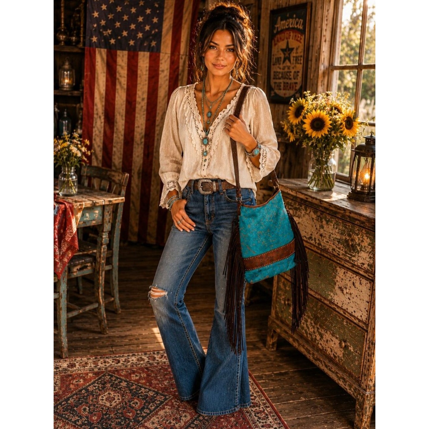 Turquoise Fringe Crossbody Bag with Brown Leather Trim