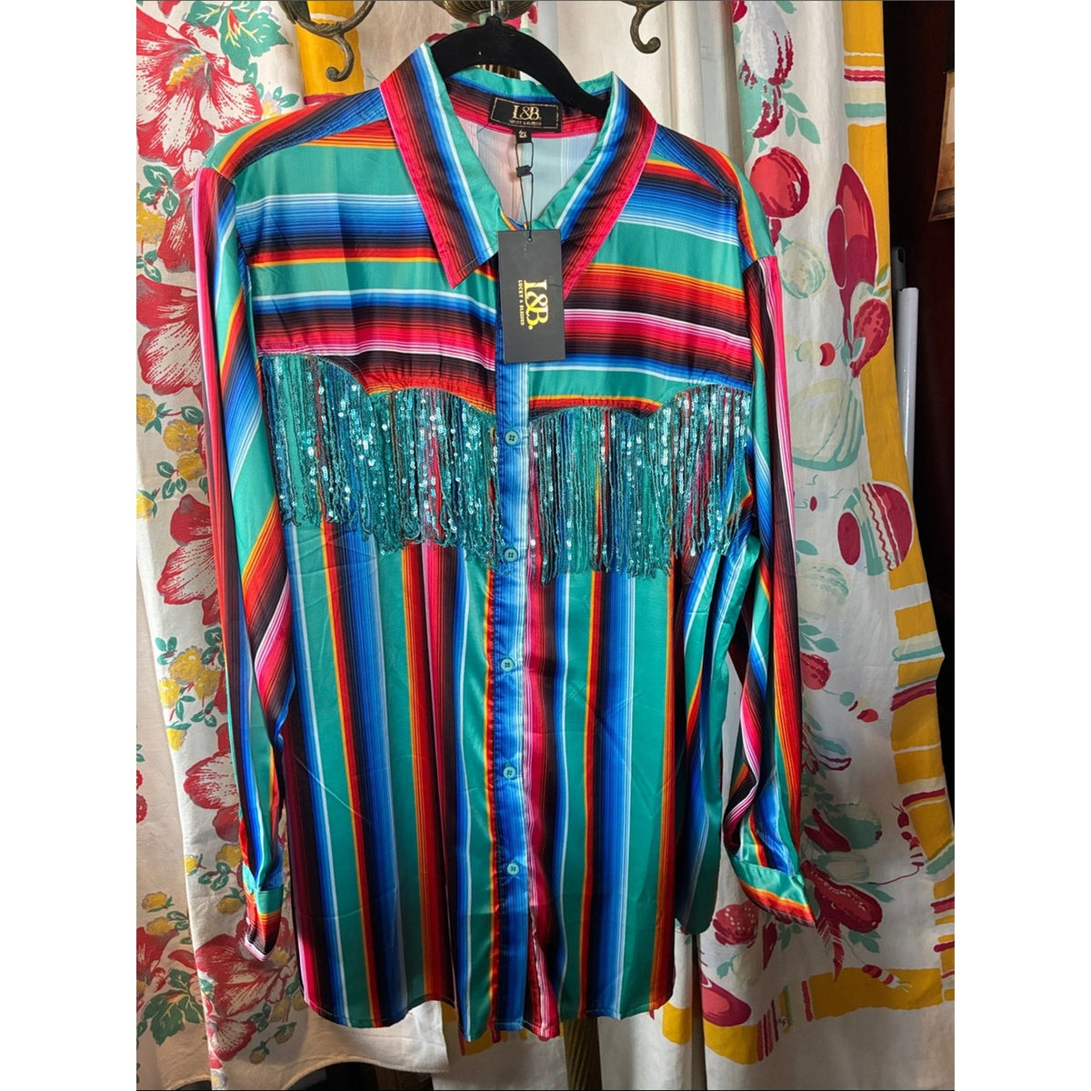 L&B Teal Multicolor Striped Sequin Fringe Silk Shirt