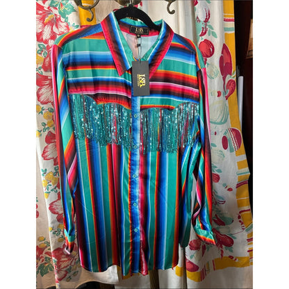 L&B Teal Multicolor Striped Sequin Fringe Silk Shirt