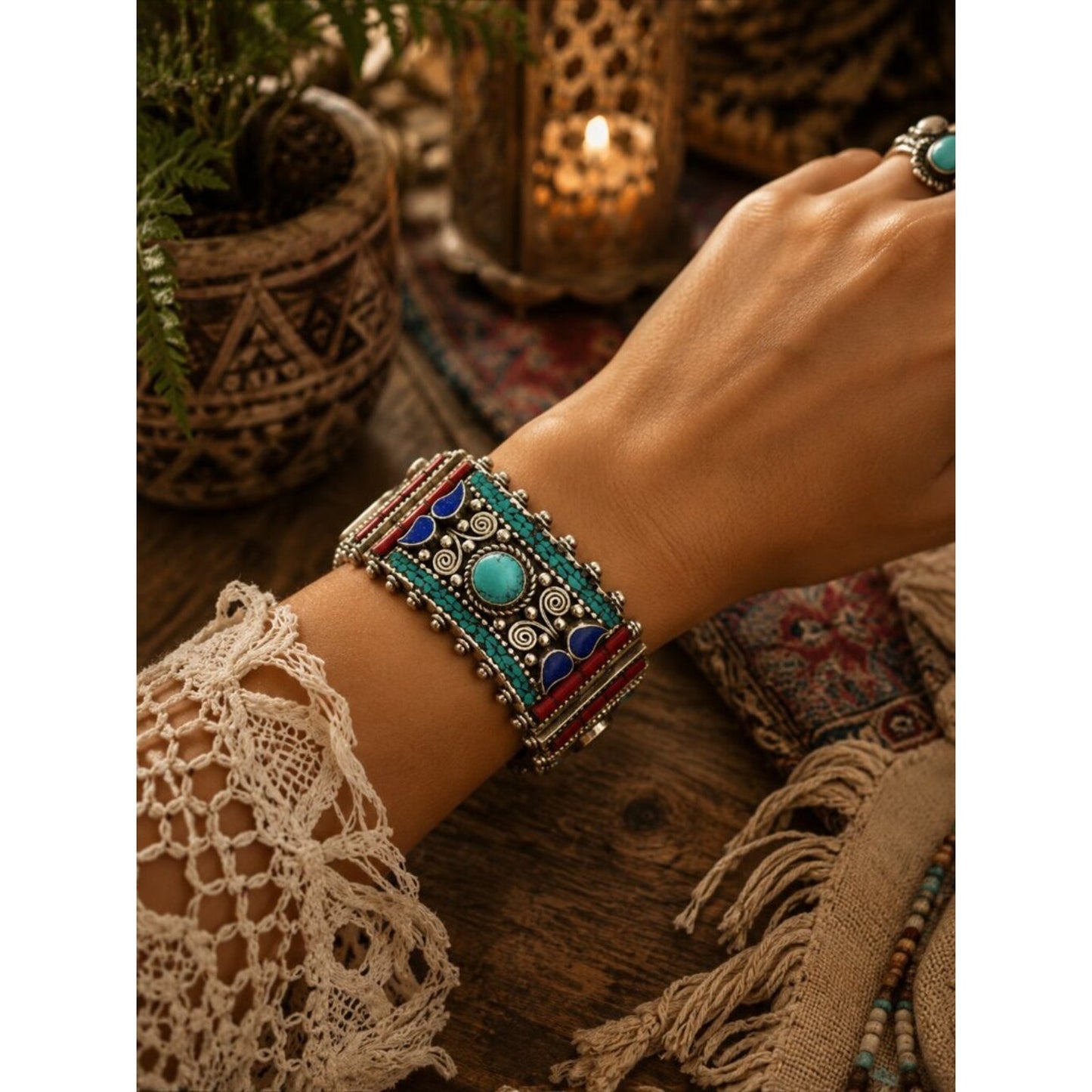 Turquoise, Red & Blue Inlay Statement Cuff Bracelet