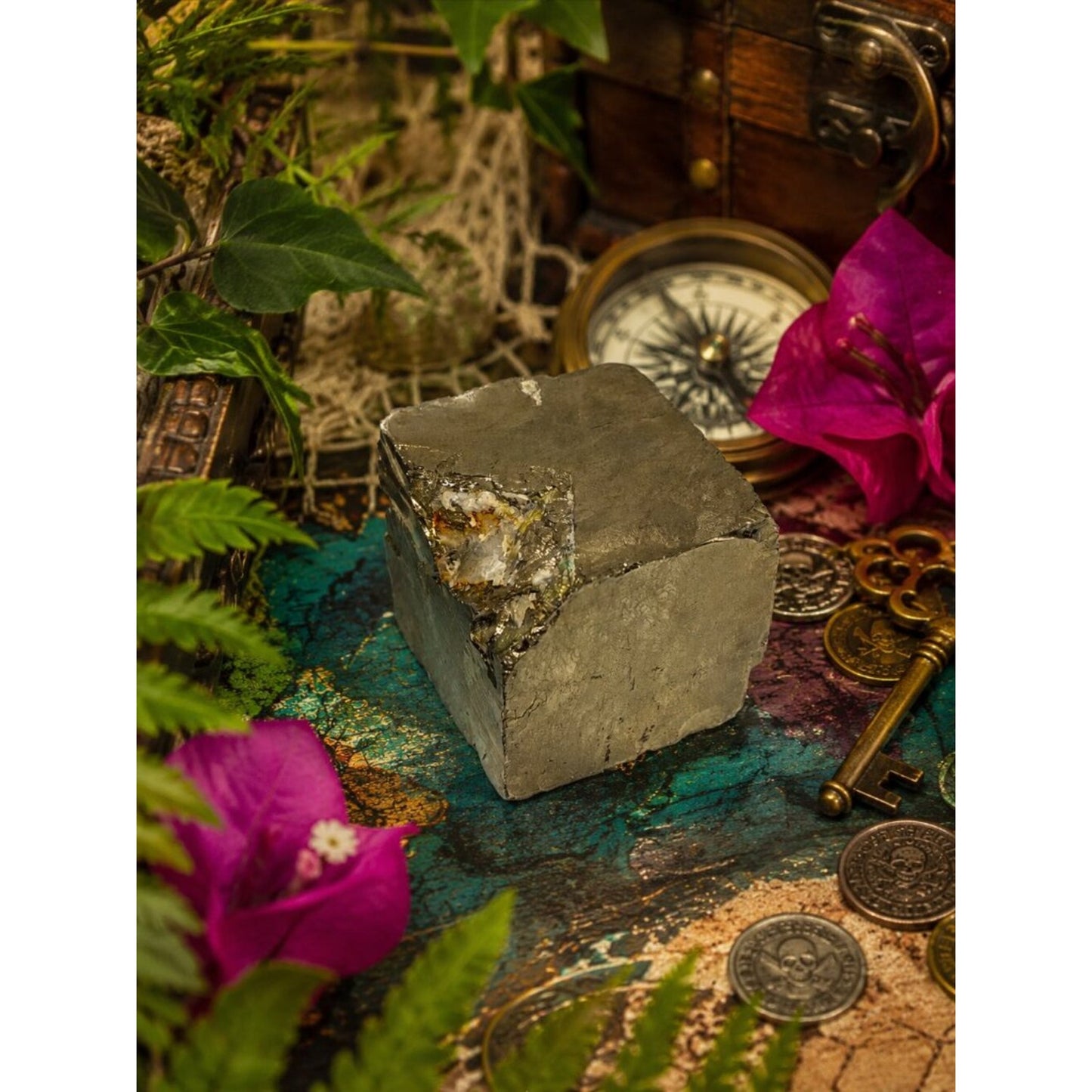 Natural Pyrite Decorative Cube - Metallic Gray and Gold Accent ROCK
