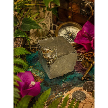 Natural Pyrite Decorative Cube - Metallic Gray and Gold Accent ROCK