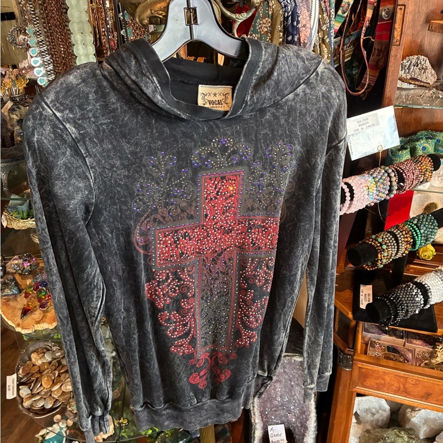 Vocal Black Washed Pullover Hoodie with Red Cross Accent