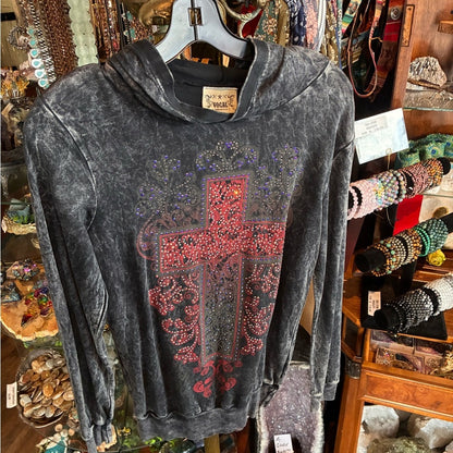 Vocal Black Washed Pullover Hoodie with Red Cross Accent
