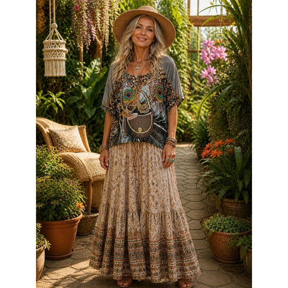Mary McFadden Black Tunic with Gold and Orange Baroque Scrolls Peacock Feathers