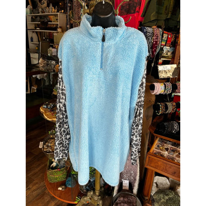 Lucky & Blessed Fuzzy Blue Silver Sparkle Leopard Print Front Zip Jacket