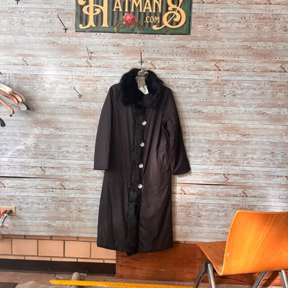 dennis basso Black Long Trench Coat with Faux Fur Trim