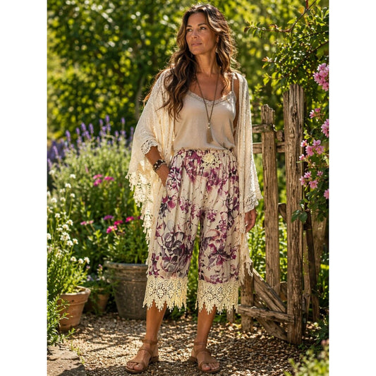 Bohemian Floral Crochet Hem Wide-Leg Pants - Beige & Plum "Bloomers"