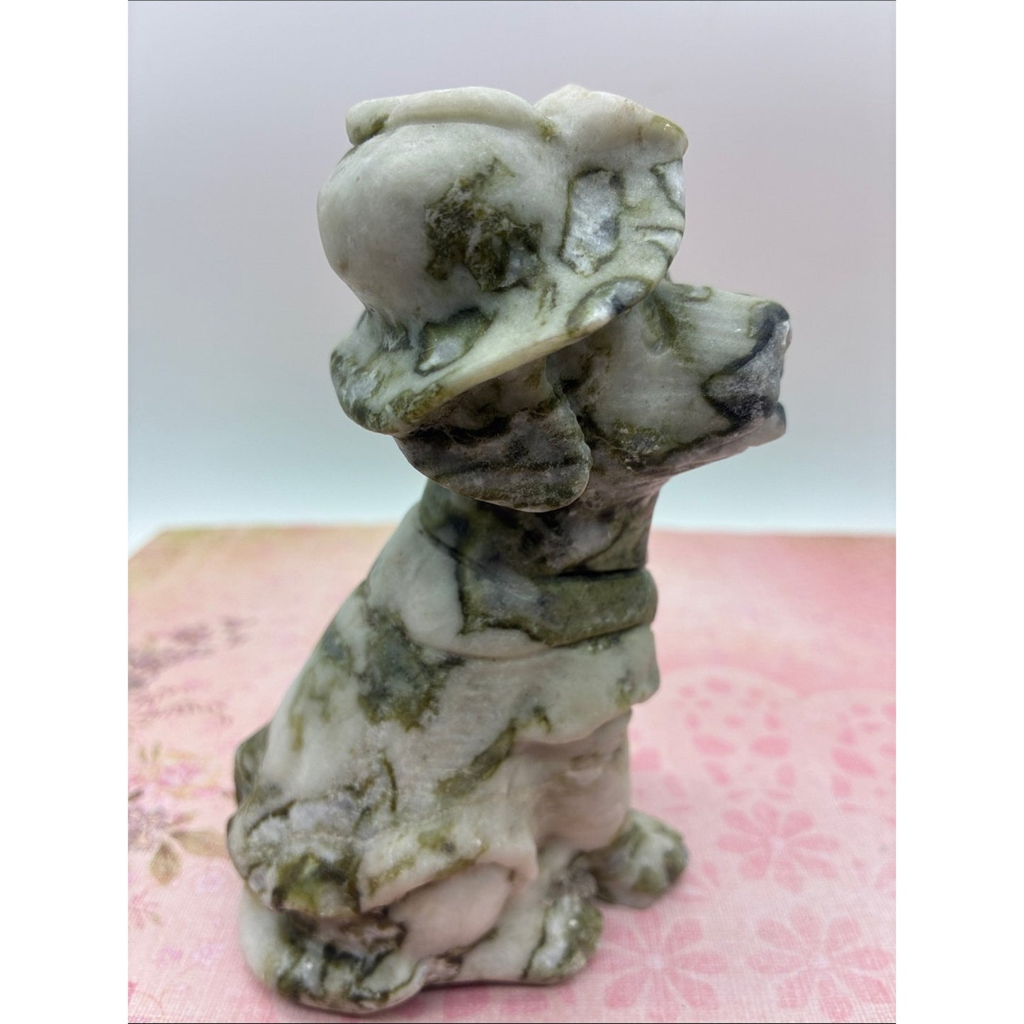 Marbled Green and White Jade Sitting Dog Figurine Rock