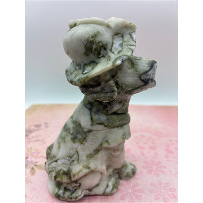 Marbled Green and White Jade Sitting Dog Figurine Rock