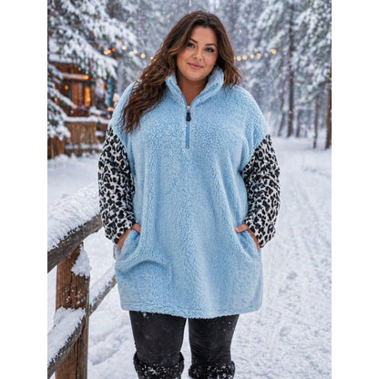 Lucky & Blessed Fuzzy Blue Silver Sparkle Leopard Print Front Zip Jacket
