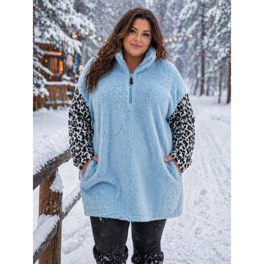 Lucky & Blessed Fuzzy Blue Silver Sparkle Leopard Print Front Zip Jacket