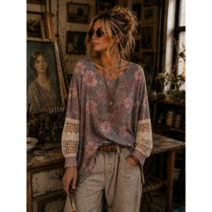 Pink Floral Crochet-Sleeve Women's Top