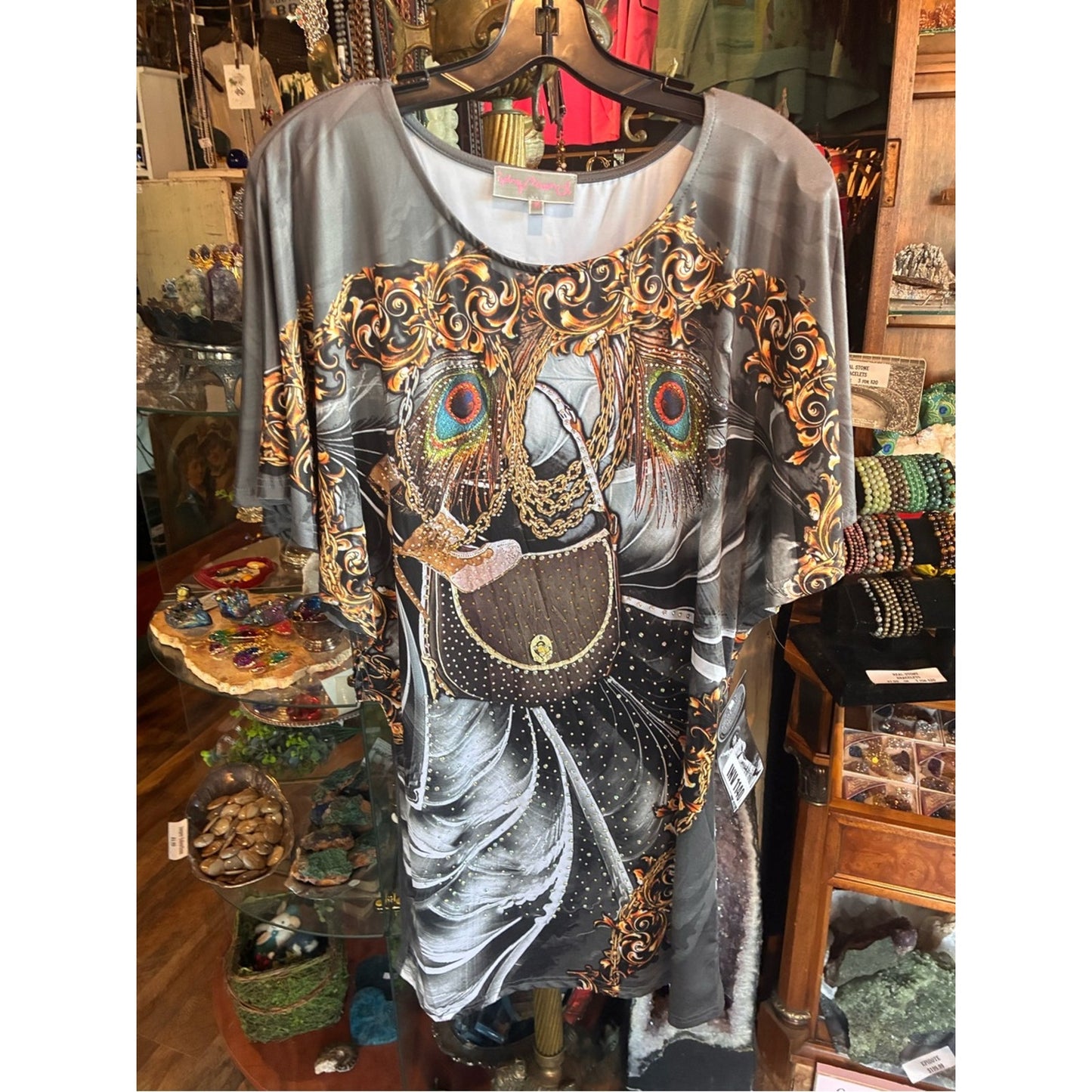 Mary McFadden Black Tunic with Gold and Orange Baroque Scrolls Peacock Feathers