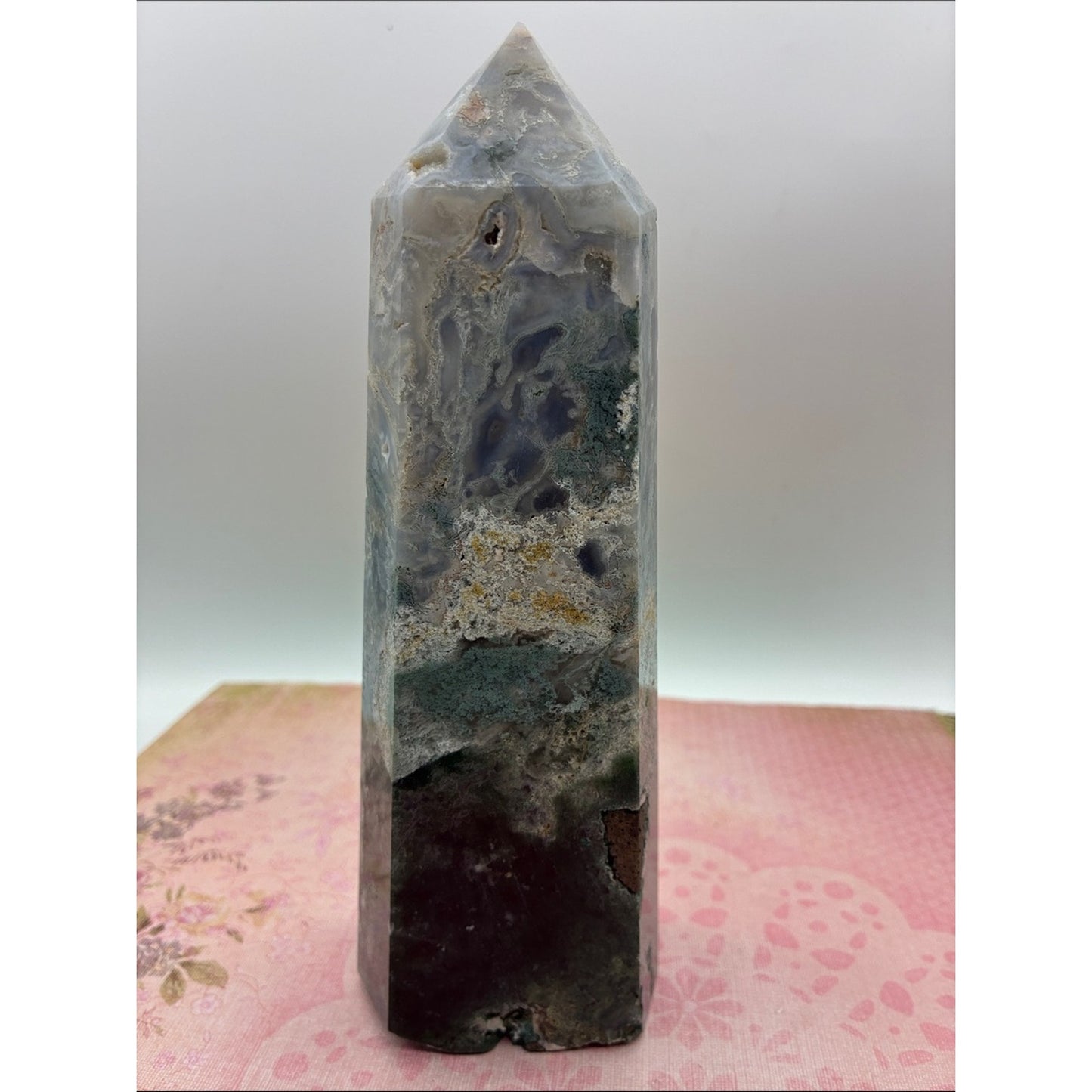 Moss Agate Crystal Point - Green Gray Tower Rock