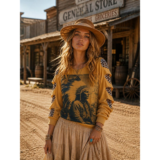 Long-Sleeve Graphic Tee Indian Profile in Yellow with Leopard Print