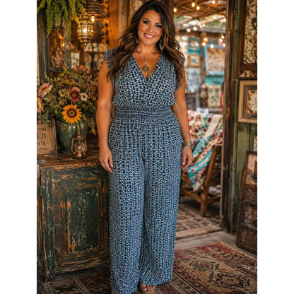 Max Studio Smocked Waist Blue Patterned Women's Jumpsuit