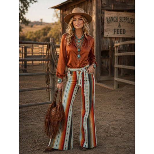 Boho Western Serape Stripe Bell Bottom Pants