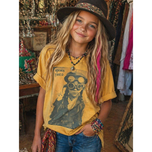 Vintage-Style “Mama Tried” Graphic Tee – Mustard Yellow Retro T-Shirt