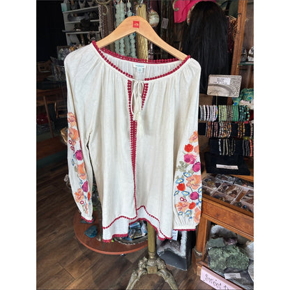 Sundance Ivory Tunic with Pink Trim and Multicolor Floral Embroidery