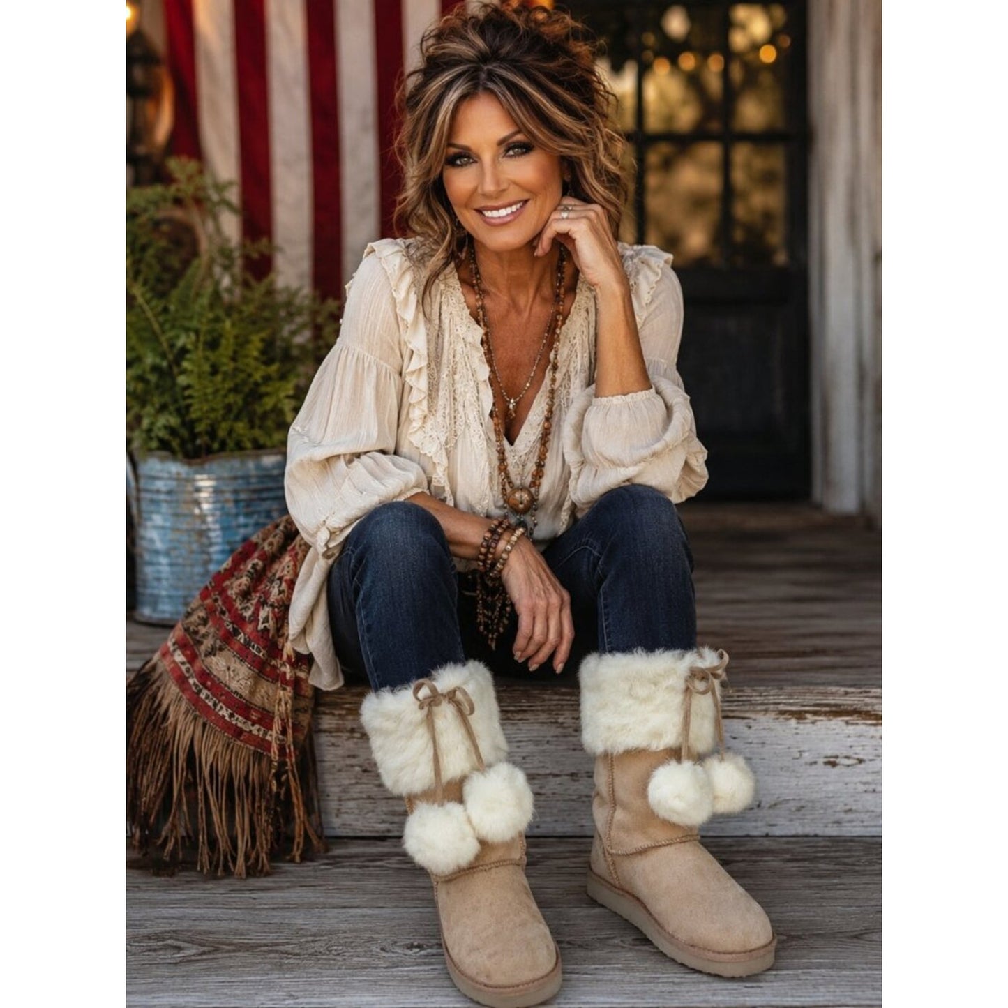 Cozy Faux Fur Pom Pom Winter Boots - Beige and Cream
