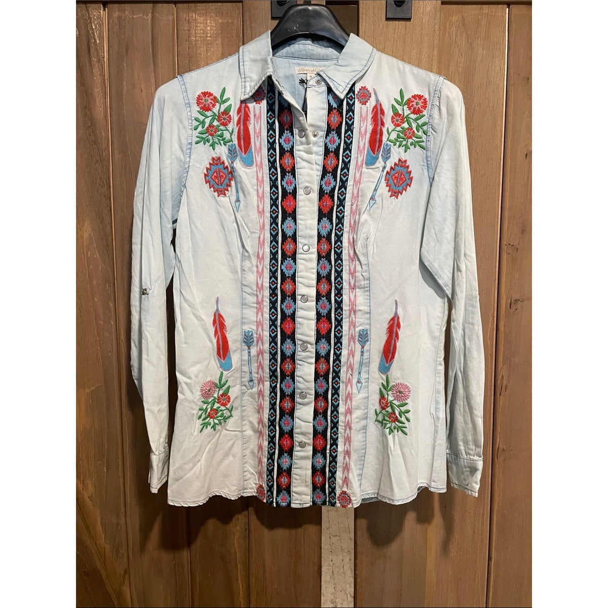 Embroidered Light Blue Button-Down Shirt with Tribal Stripe Detail