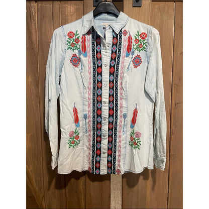 Embroidered Light Blue Button-Down Shirt with Tribal Stripe Detail