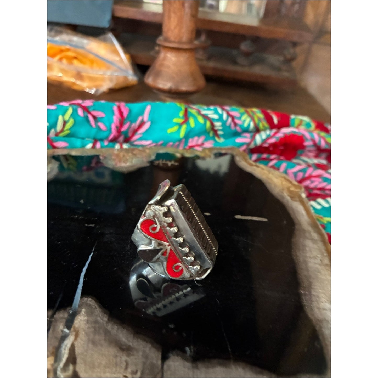 Sterling Silver Inlay Ring with Red Accents