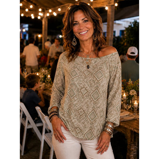 Vocal Cream and Green Geometric V-Neck Blouse