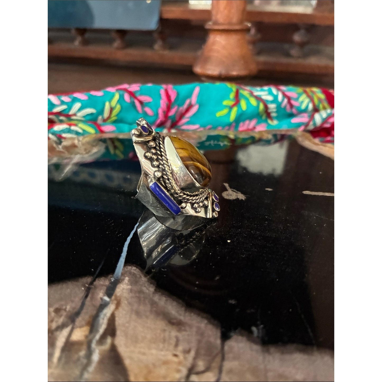 Tiger Eye Teardrop Statement Ring - Blue Accents in