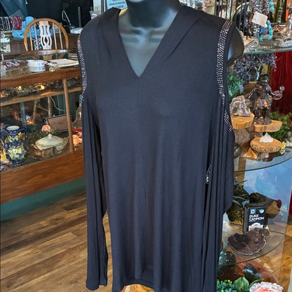 Vocal Black V-Neck Top with Rhinestone Detail