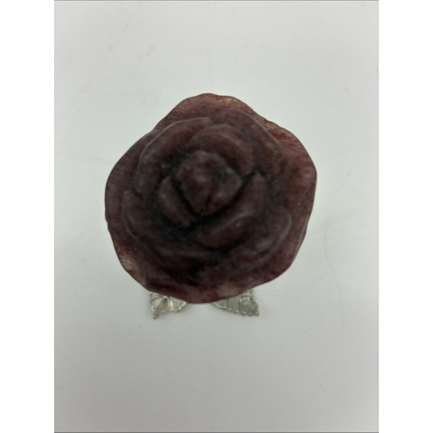 Carved Rose Sculpture on Silver-Tone Leaf Stem - Deep Mahogany Rock