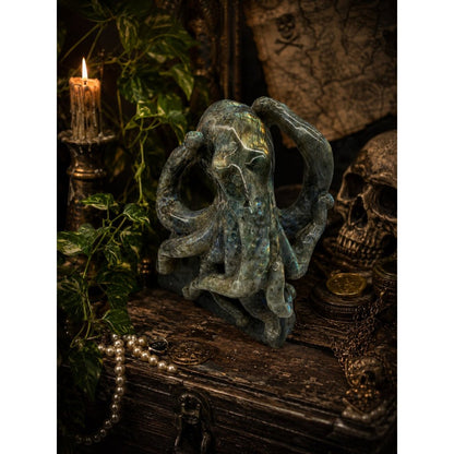 Hand-Carved Labradorite Octopus Sculpture - Iridescent Blue-Green ROCK