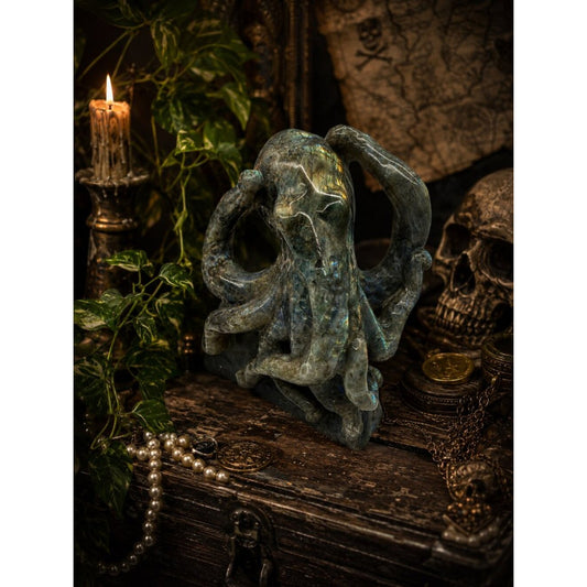 Hand-Carved Labradorite Octopus Sculpture - Iridescent Blue-Green ROCK