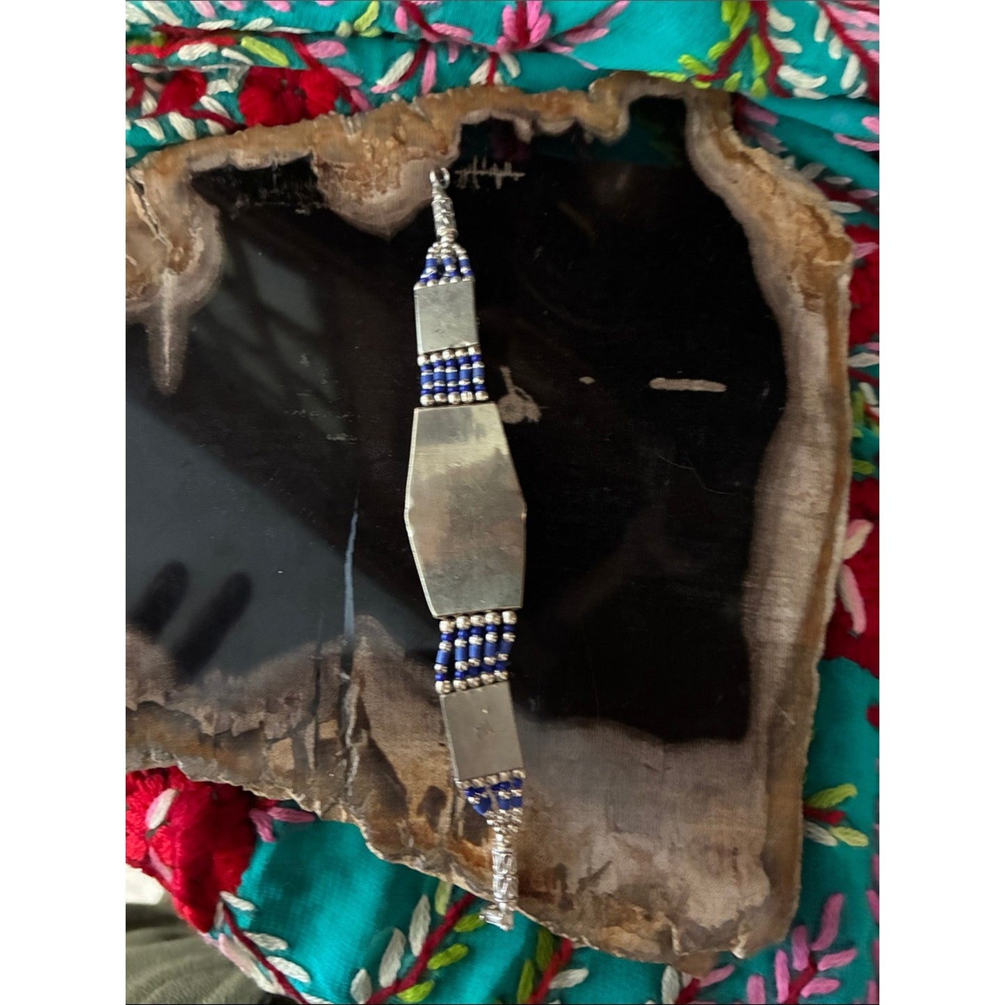 Handmade Blue Stone & Silver Beaded Women's Bracelet