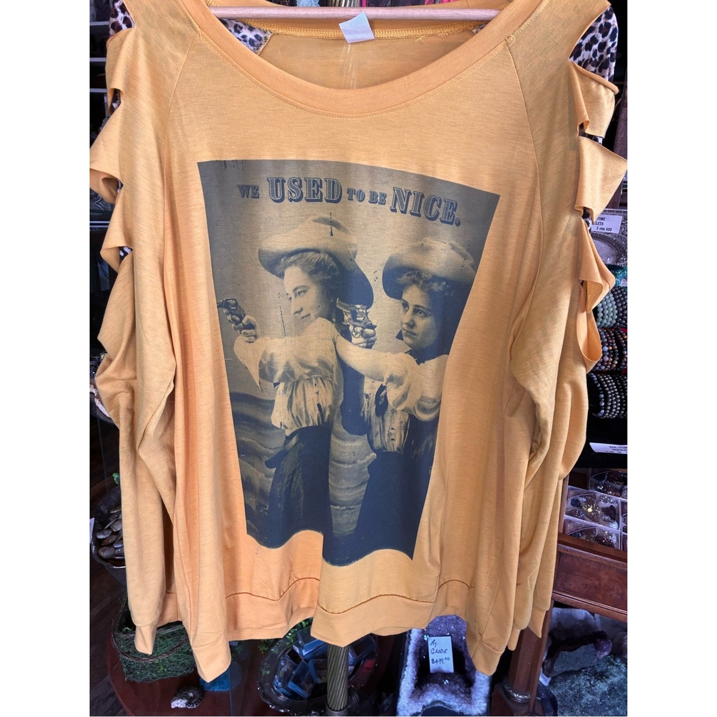 We Used to Be Nice Graphic Long Sleeve Top - Yellow w/ Leopard Accents