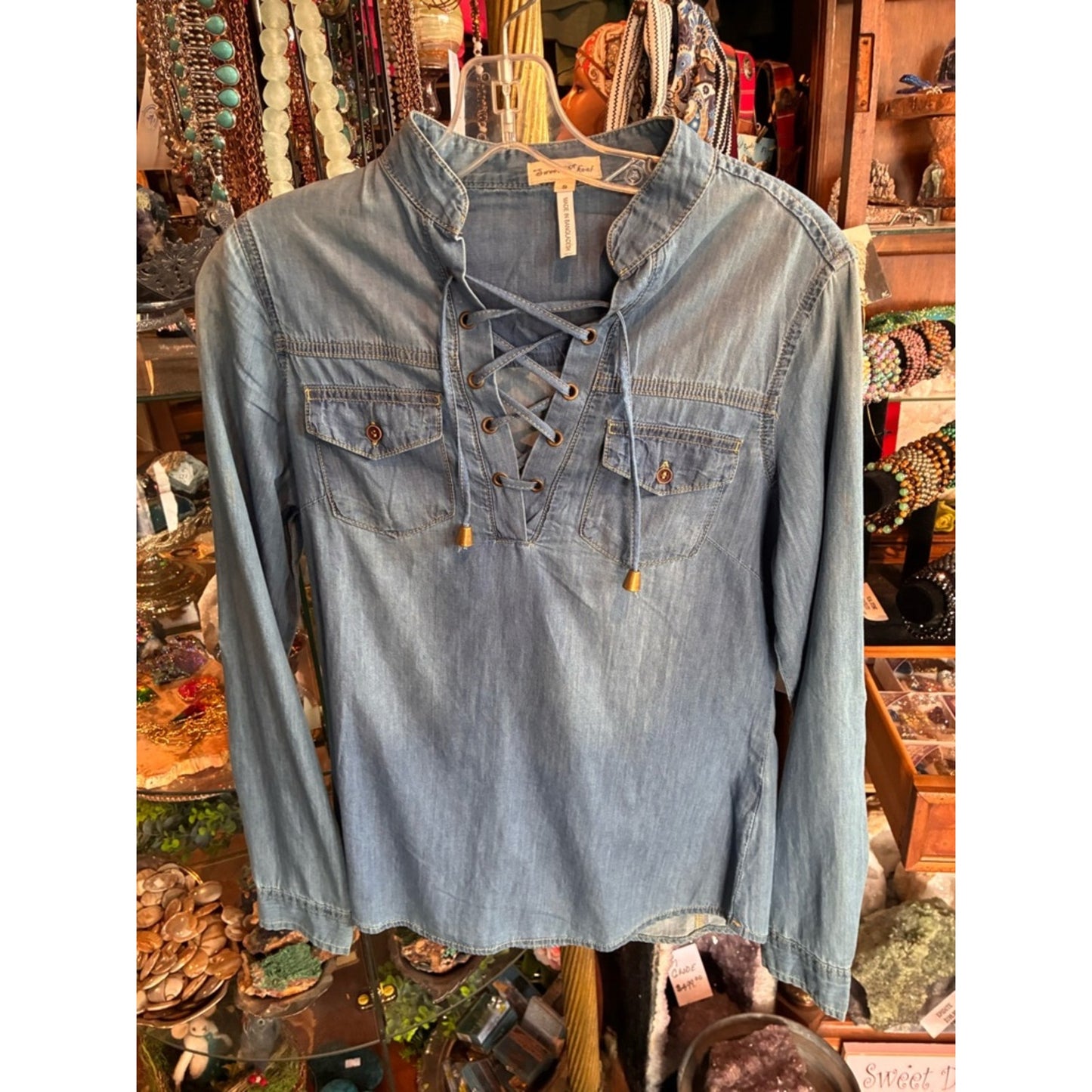 Lace-Up Light Denim Tunic Top