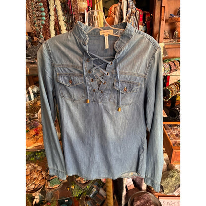Lace-Up Light Denim Tunic Top