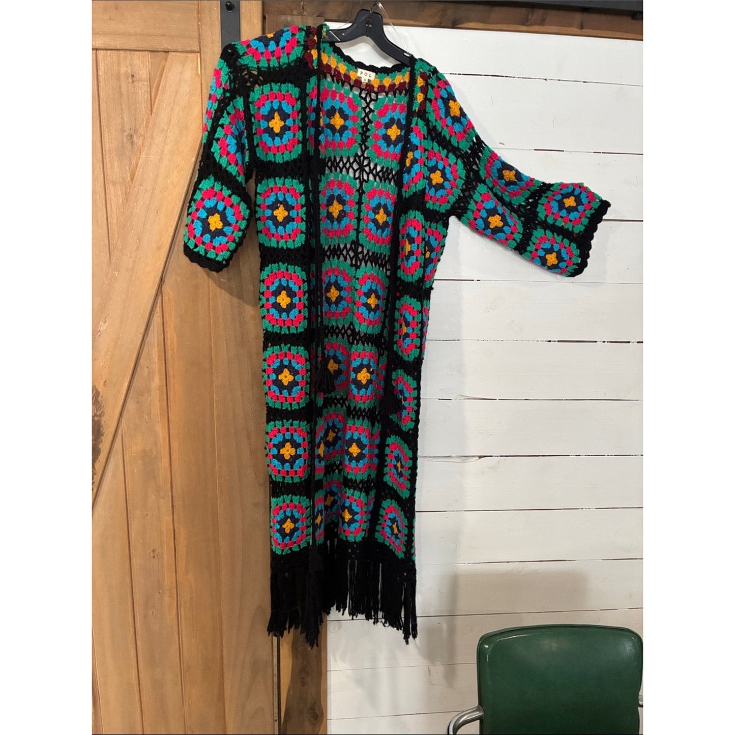 Crochet Fringe Duster - Black with Teal, Pink & Mustard