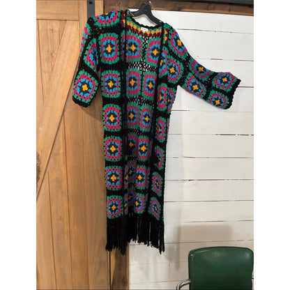 Crochet Fringe Duster - Black with Teal, Pink & Mustard